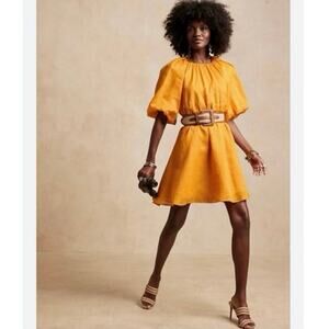 NWT Banana Republic Ramie Puff Sleeve Linen Mini Dress Medium Marigold Yellow